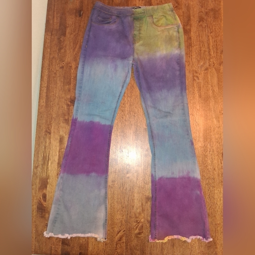 B&S Bling A Gogo Tie Dye Pull On Elastci Waist Jeans Flare Hippie Festival XL